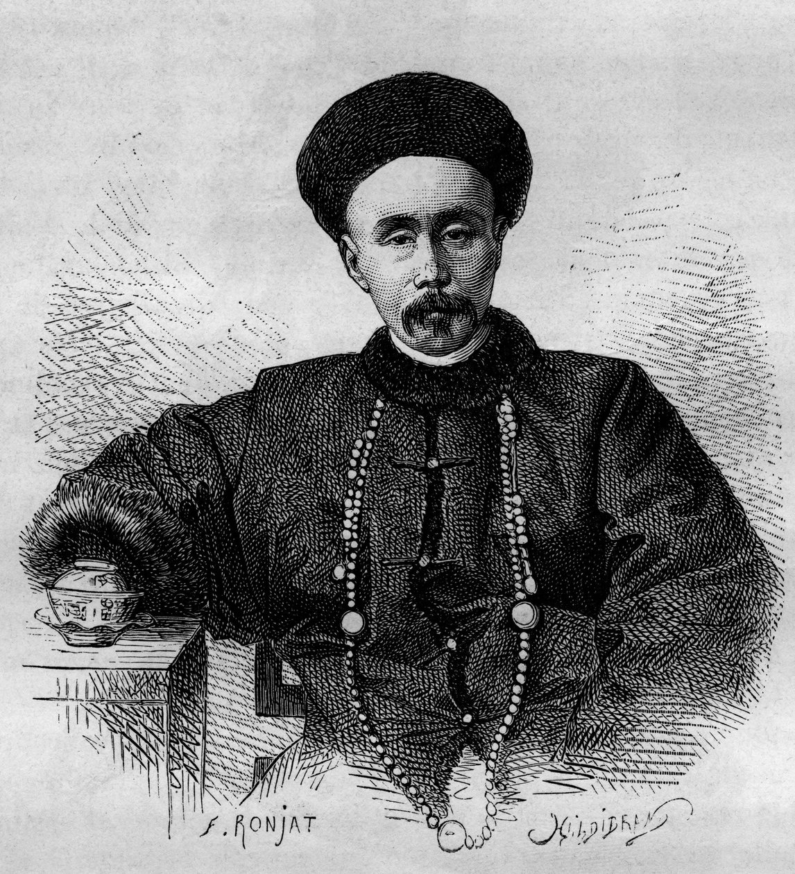 Porträtt av Li Hongzhang (1832-1901), kinesisk general och vicekung (vicekung) av Zhili från 1871 till 1895 och från 1900 till 1901. Gravyr från en teckning av Ronjat, från ett fotografi av Thomson, i "" Le Tour du Monde, Nouveau journal des Voyages””, red av Etienne Antoine Eugene Ronjat