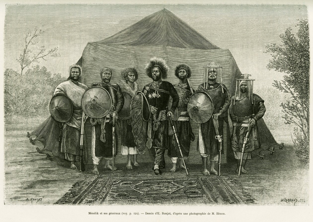 Porträtt av prins Menelik II av Etiopien (1844-1913), omgiven av sina generaler. Gravyr av Ronjat, efter ett fotografi, för att illustrera berättelsen Voyage au Choa (Abyssinie meridionale) av Etienne Antoine Eugene Ronjat
