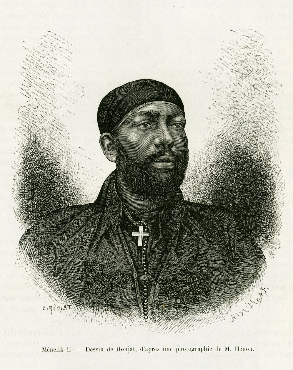 Porträtt av prins Menelik II av Etiopien (1844-1913). Gravyr av Ronjat, efter ett fotografi, för att illustrera berättelsen Voyage au Choa (Abyssinie meridionale) av Etienne Antoine Eugene Ronjat