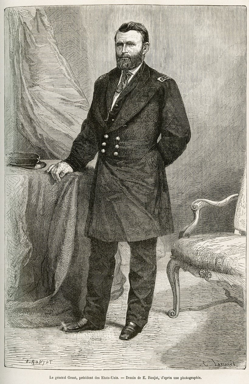 Porträtt av Ulysses Grant (1822-1885), amerikansk general, ledare för unionstrupper under utlösningskriget och USA:s 18:e president i två mandatperioder från 1869 till 1877. Gravyr efter teckningen av E.Ronjat, till illustrera sto av Etienne Antoine Eugene Ronjat