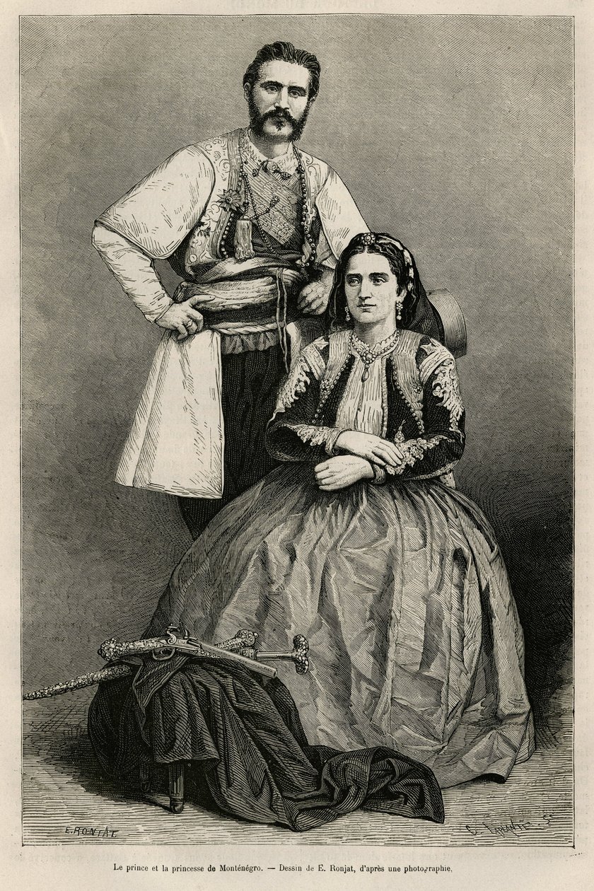 Porträtt av prinsen av Montenegro Nicholas I Petrovicz Niegosch (1841-1921) och hans fru Milena, född Voukovich (1847-1923), teckning av E.Ronjat, för att illustrera resan till Montenegro, 1874, av Charles Yriarte (1832) -1898). Gravyr i Le tour du av Etienne Antoine Eugene Ronjat