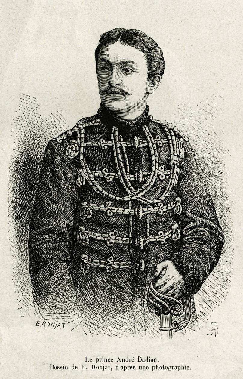 Prins Andre Dadian av Mingrelie (1850-1910), general för den ryska armén och schackmästare. Gravyr av E. Ronjat, för att illustrera berättelsen Un tour en Mingrelie (region i Georgien, som sträcker sig mellan Kaukasus och Rion), av Carla Serena, 1876-187 av Etienne Antoine Eugene Ronjat