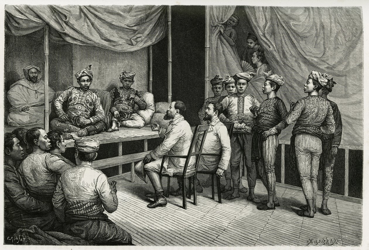 Mottagande av resenärer i palatset till sultanen av Soulou (eller Sulu) (Filippinernas skärgård), Mohammed Yamalul Alam. Gravyr av E. Ronjat, för att illustrera berättelsen "" Resan till Filippinerna"" av Etienne Antoine Eugene Ronjat