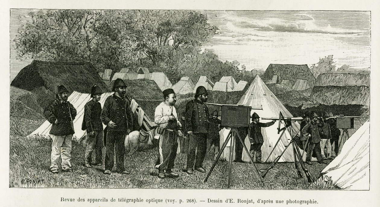 Genomgång av optisk telegrafiapparat. Gravyr av E.Ronjat, för att illustrera historien Trente mois au Tonkin, 1884, av doktor Paul Hocquard, i le tour du monde 1890, under ledning av Edouard Charton (1807-1890), Hachette, Paris. av Etienne Antoine Eugene Ronjat