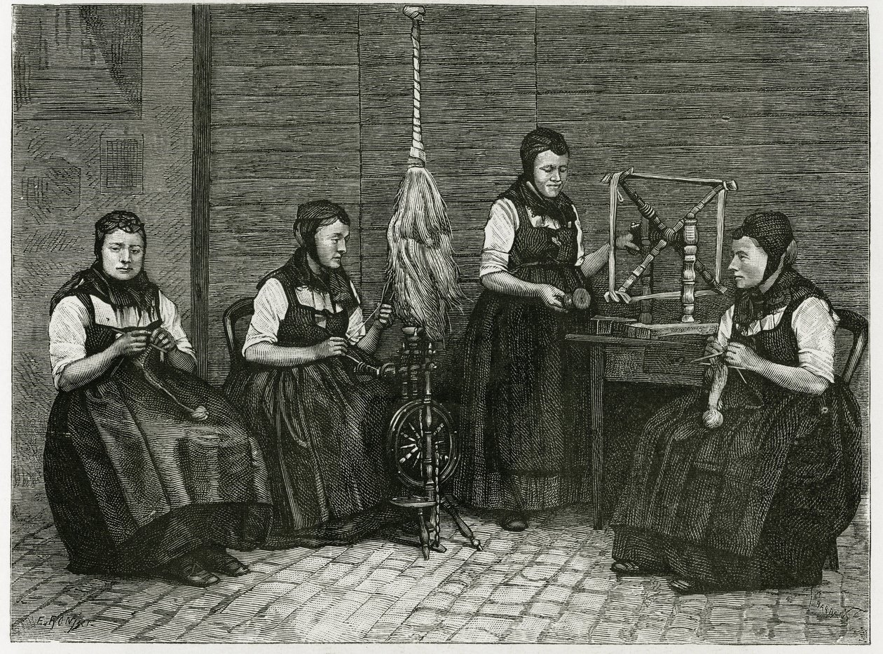 Sondernach spridare, beskrivning av de olika stadierna av spinning, hand, spindel och spindel. Gravyr av E.Ronjat, för att illustrera berättelsen "Atravers l