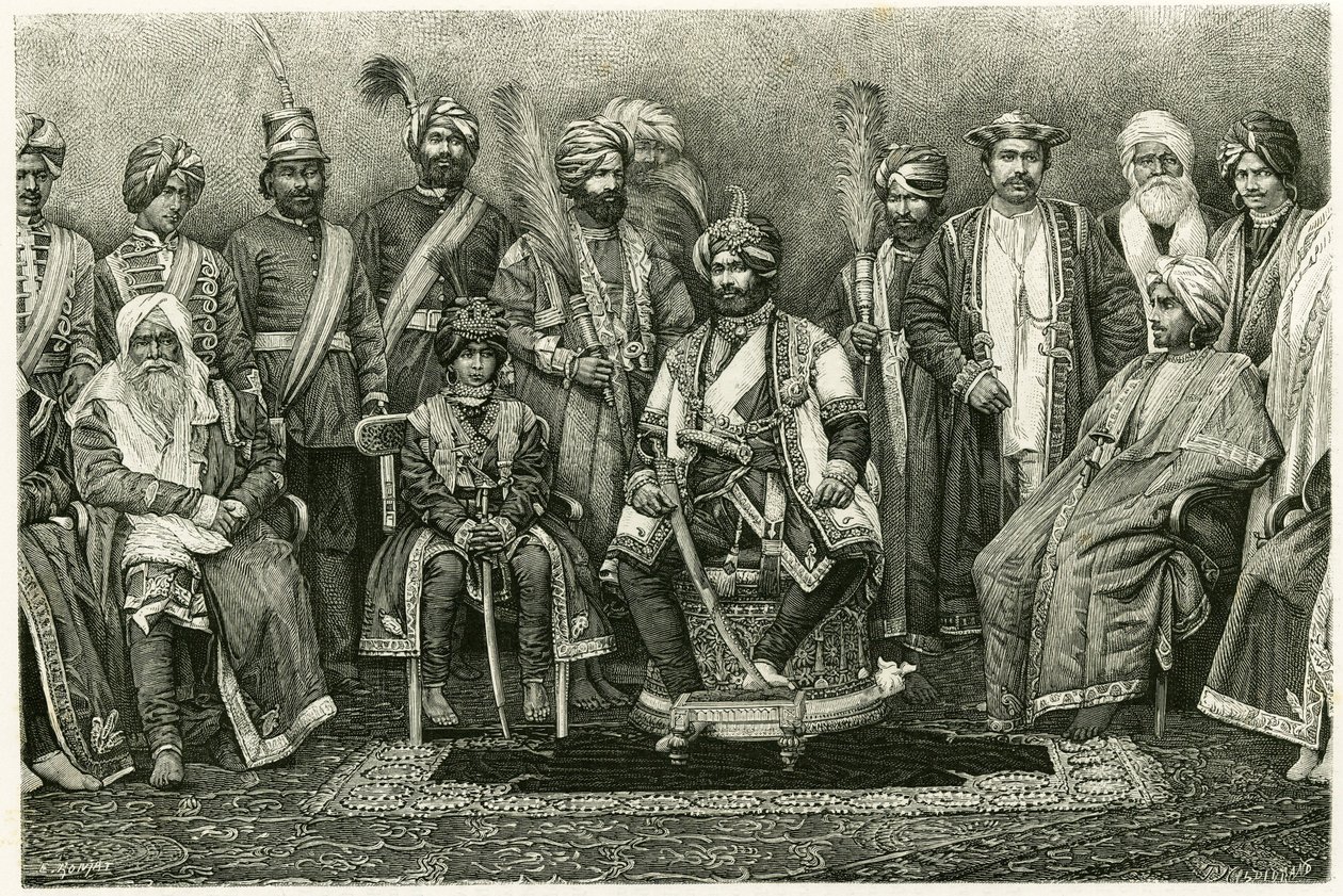 Kashmir-maharadjan, Rambhir Sing och hans hov. Gravyr av E. Ronjat, för att illustrera berättelsen "Porträtt av en parisisk kvinna i västra Himalaya", 1881, av Marie de Ujfalvy-Bourdon (Ujfalvy Bourdon). Publicerad i Tour du monde, termin 2 av Etienne Antoine Eugene Ronjat