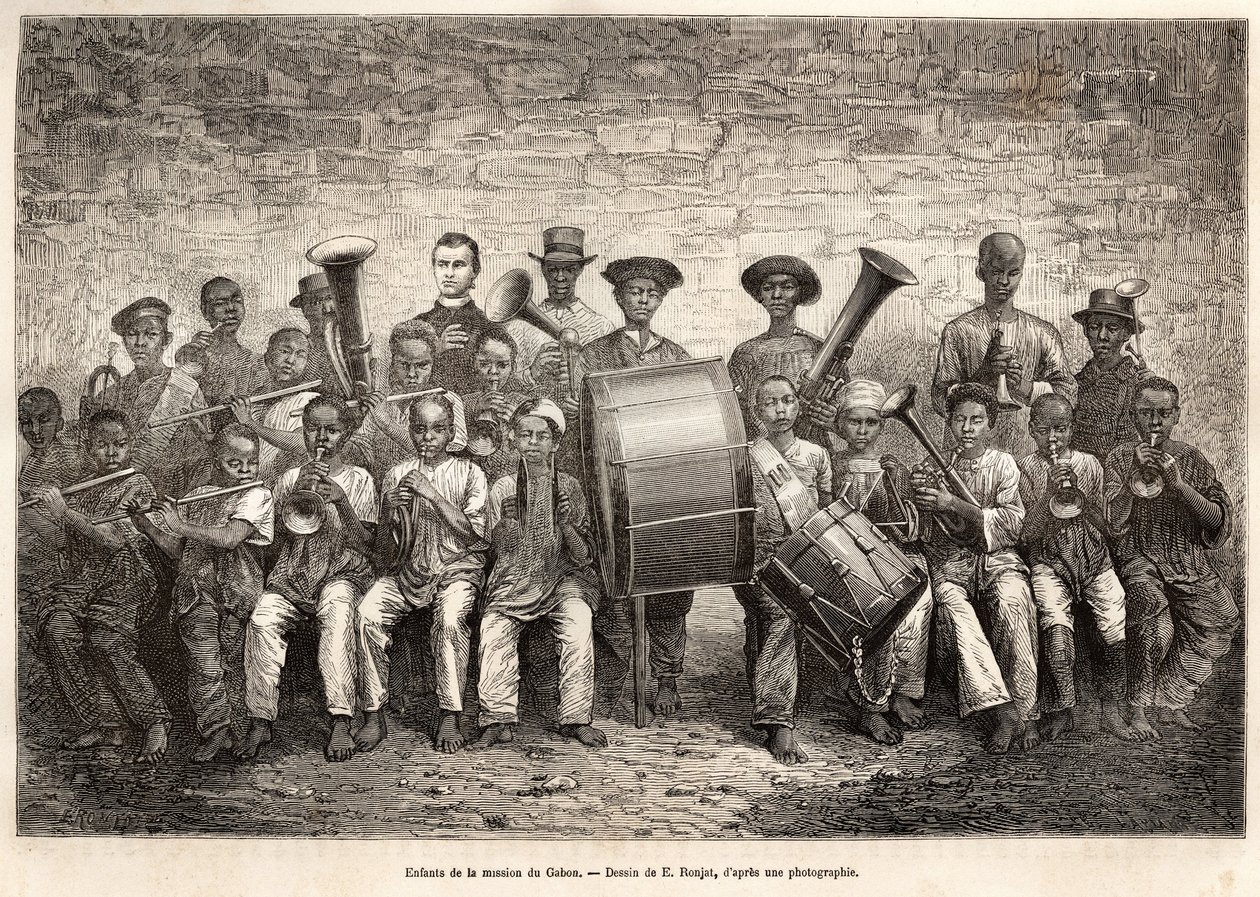 Bandet av barnen i Gabonmissionen. Gravyr efter teckningen av E. Ronjat, för att illustrera kryssningen på Afrikas kust, av viceamiral Fleuriot de Langle, 1868, publicerad i "" Le tour du monde"" 1876, redigerad av Edouard Charton, Hachet av Etienne Antoine Eugene Ronjat