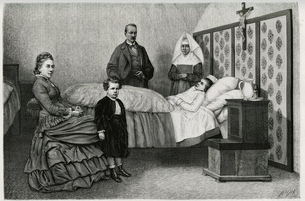Läkarkonsultationen på Logelbach hospice. Gravyr av E.Ronjat, för att illustrera berättelsen "Genom Alsace och Lorraine", 1884, av Charles Grad (1842-1890), tysk deputerad, författare och naturforskare. Publicerad i Le Tour du monde, nouveau journal d av Etienne Antoine Eugene Ronjat