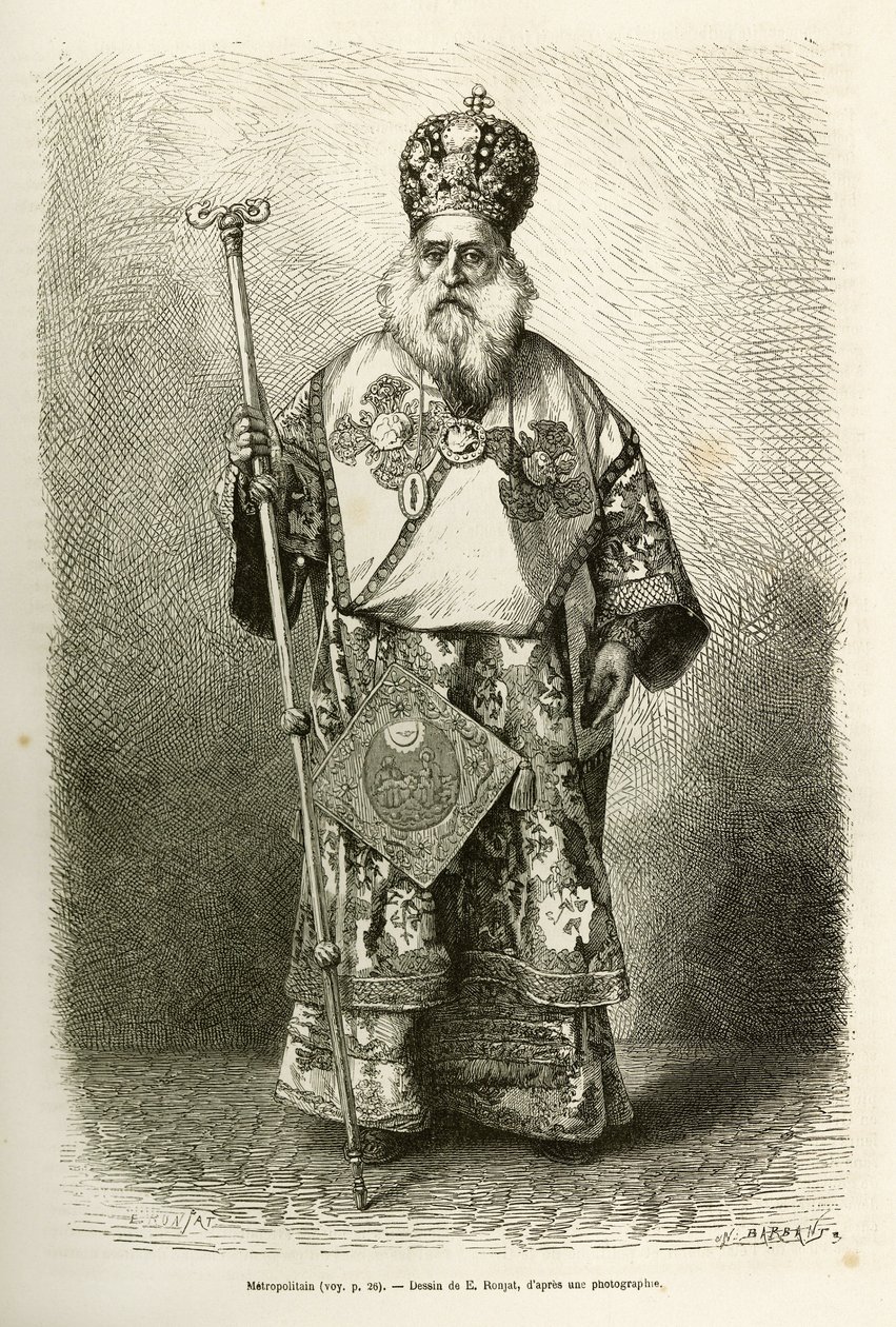 Metropolitan eveque av den nya katedralen i Aten. Gravyr efter teckningen av E. Ronjat, för att illustrera resan till Grekland, av Henri Belle, 1861-1868-1874, publicerad i "" Le tour du monde""" 1876, redigerad av Edouard Charton, Hachette-upplagan, av Etienne Antoine Eugene Ronjat