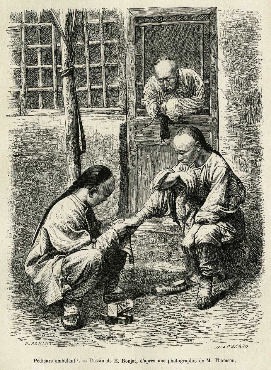 Vandringspedikyren, en vanlig scen i vardagen i kinesiska städer. Gravyr efter teckningen av E. Ronjat, för att illustrera resan till Pekin och norra Kina, av T.Choutze, 1873, publicerad i "" Le tour du monde""" 1876, redigerad av Edouard Charton av Etienne Antoine Eugene Ronjat
