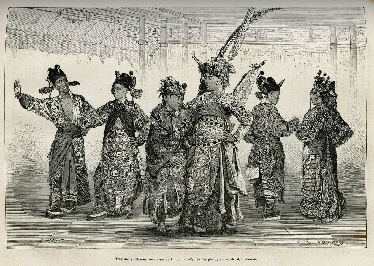 Tragedians of a Pekinese theatre, specialiserad på historiska och mytologiska dramer. Gravyr efter teckningen av E. Ronjat, för att illustrera resan till Pekin och norra Kina, av T.Choutze, 1873, publicerad i "" Le tour du monde""" 1876, redigerad av Ed av Etienne Antoine Eugene Ronjat