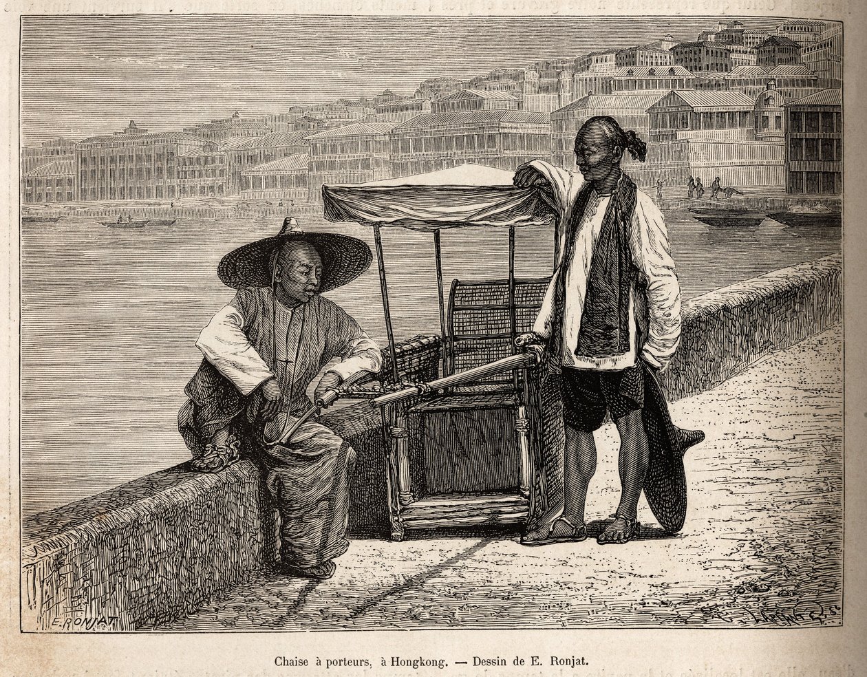 Två bärare i vila bredvid sin rullstol i Hong Kong, graverade efter en teckning av E. Ronjat som illustrerar resan till Kina, av J. Thompson, 1870-1872, publicerad i "" Le tour du monde""" 1875, redigerad av Edouard Charton, Hachette-upplagan, Paris. S av Etienne Antoine Eugene Ronjat