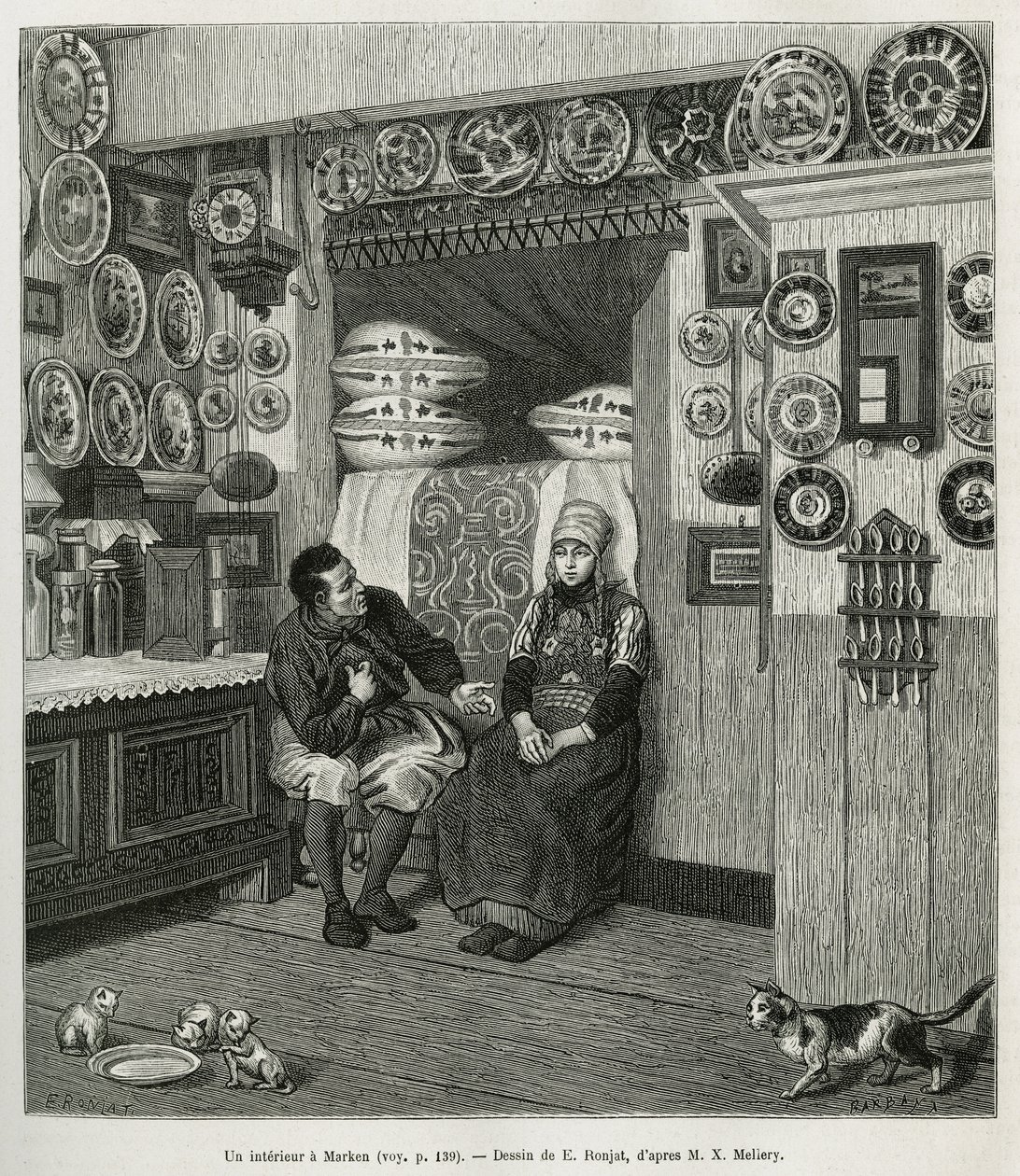 Un interieur à Marken (Pays Bas), gravyr efter en teckning av E. Ronjat, för att illustrera historien om Neerlande, av Charles de Coster, 1878, publicerad i tour du monde, under ledning av Edouard Charton av Etienne Antoine Eugene Ronjat