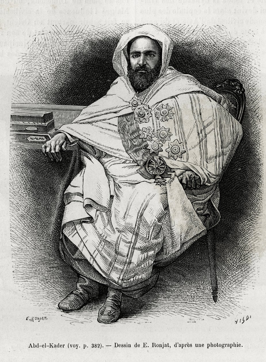 porträtt av Abd El Kader (1808-1883) algerisk emir och sultan, sufiteolog, politiker och militärt motstånd mot den franska kolonialarmén, även författare, poet och filosof. Gravyr av E. Ronjat, för att illustrera historien La Syria d