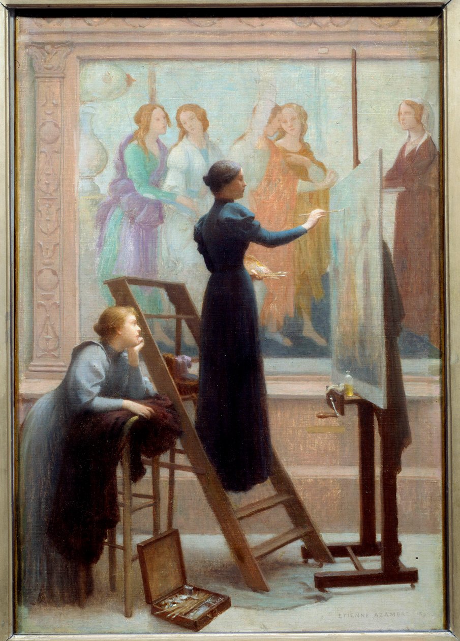 Au Louvre (två kvinnor som kopierar fresken av Botticelli) Målning av Etienne Azambre (1859-1933) 1894 Sön. 0,61x0,41 m OBS! Användning av detta verk kan vara föremål för en begäran om tillstånd från tredje part eller ytterligare avgifter av Etienne Azambre