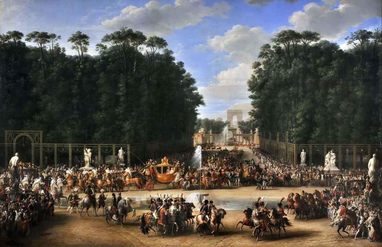 Bröllopståget av Napoleon I och Marie-Louise som korsar Jardin des Tuileries den 2 april av Etienne Barthelemy Garnier