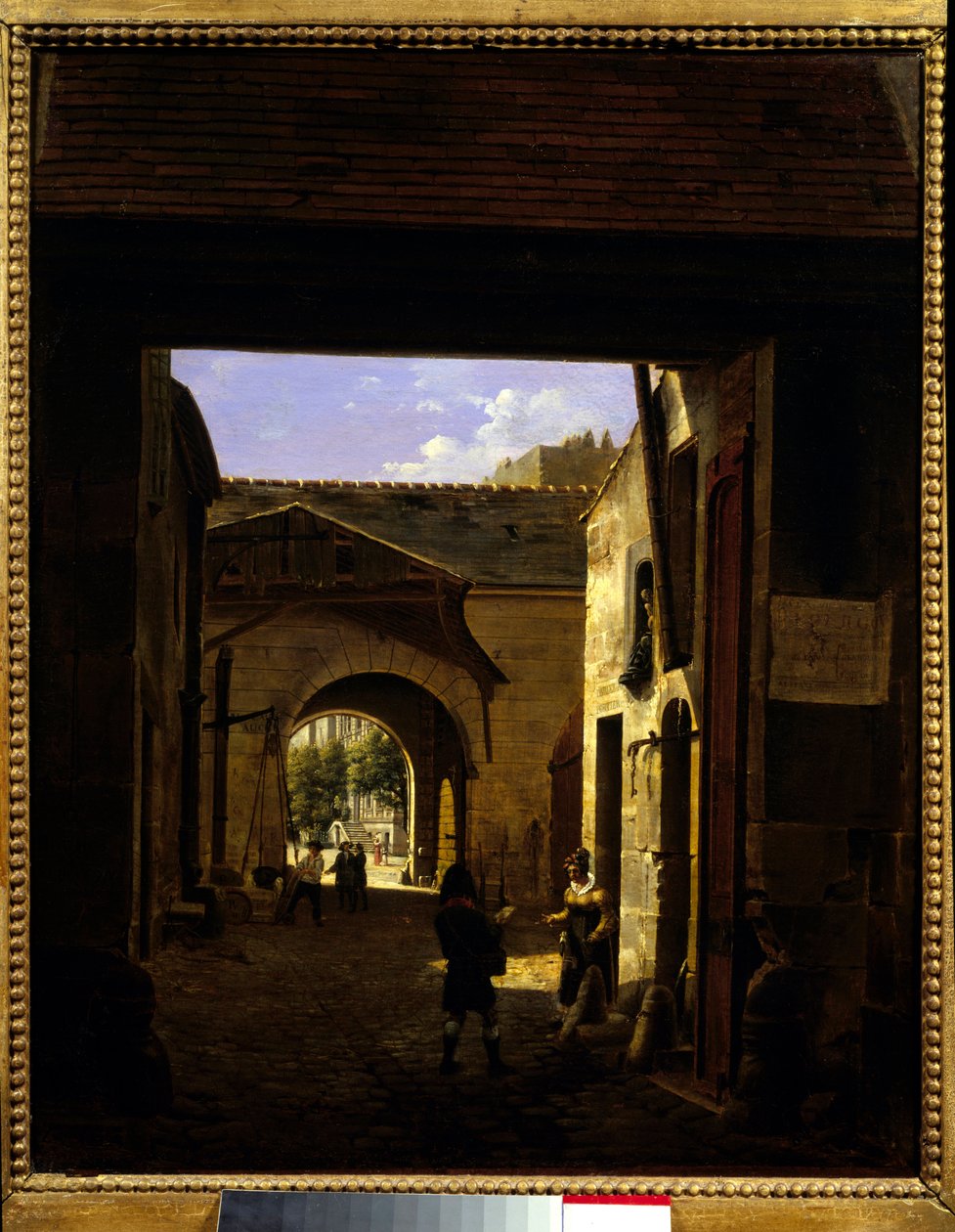 Gården till ett drivande hus i rue Saint Denis känd som innergården Sainte Catherine Scene i 1: a arrondissementet i Paris. Målning av Etienne Bouhot (1780-1862) 1832 Sön. 0,27x0,22 m Paris, Musee Carnavalet. av Etienne Bouhot