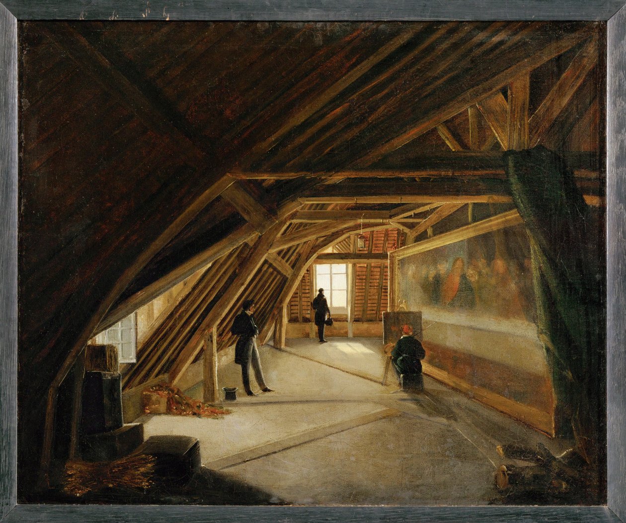 Vy över vinden på ett museum, med en kopist i arbete ... av Etienne Bouhot