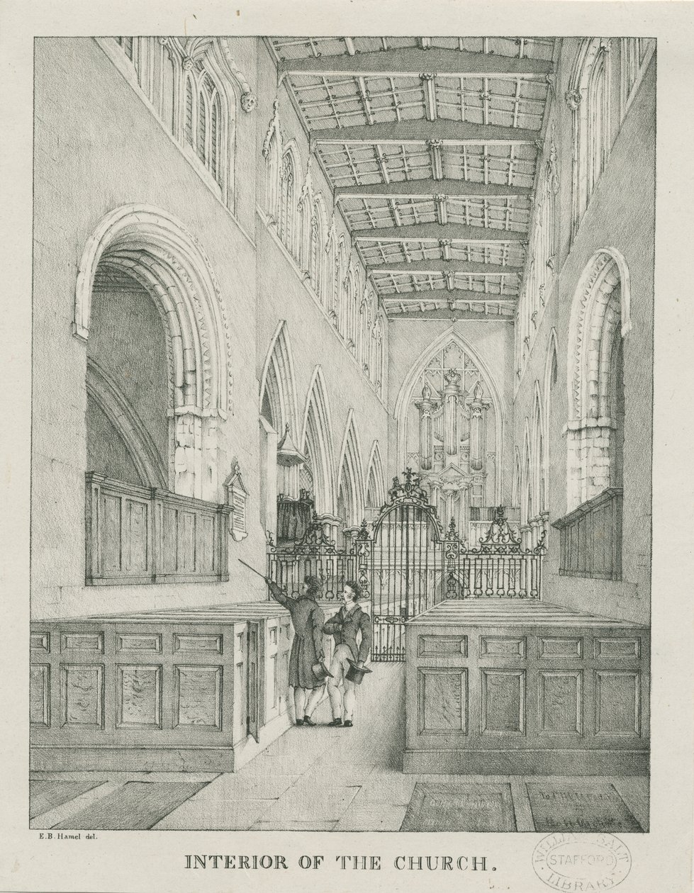 Tamworth Churchs interiör: litografi, nd [1796-1865] av Etienne Bruno Hamel