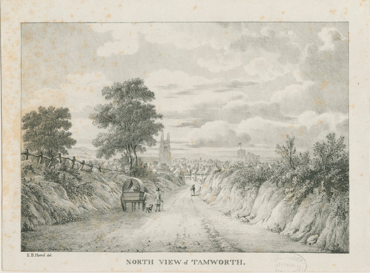 Tamworth - Avlägsen utsikt från norr: litografi, nd [1796-1865] av Etienne Bruno Hamel