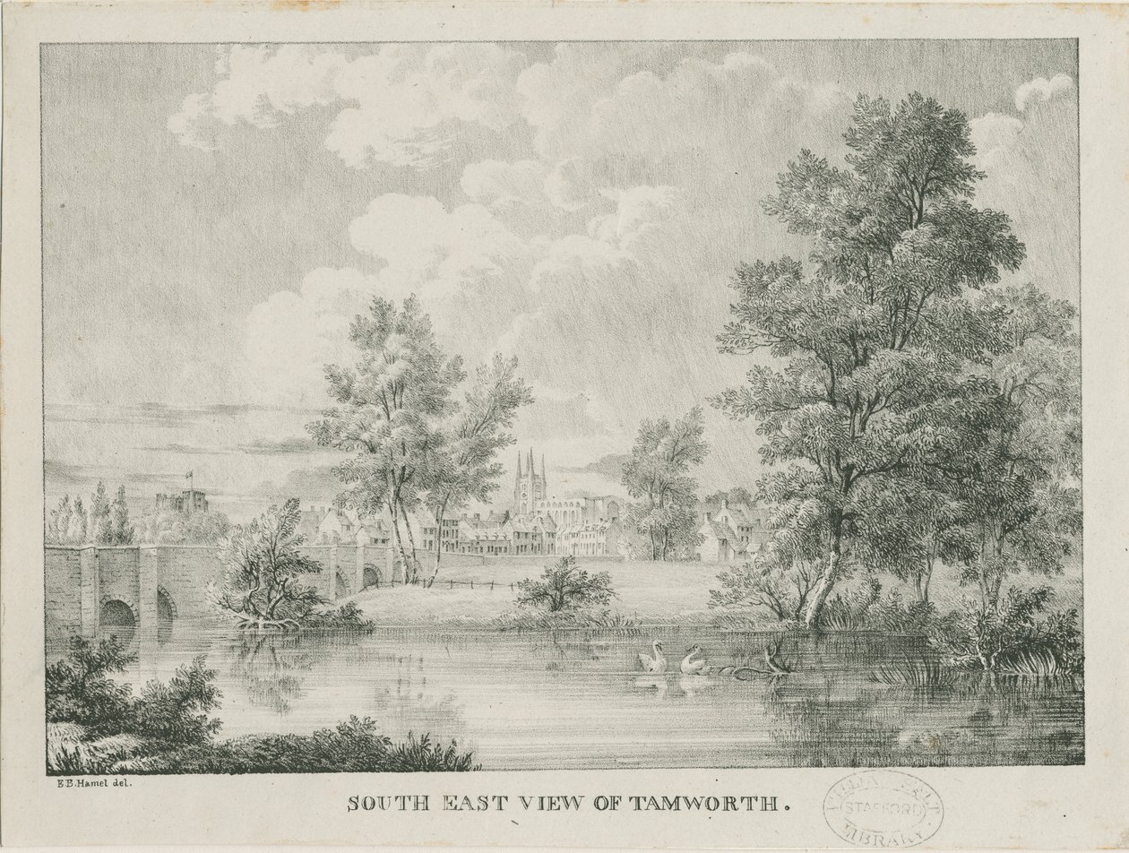 Tamworth - Avlägsen utsikt från söder: litografi, nd [1796-1865] av Etienne Bruno Hamel