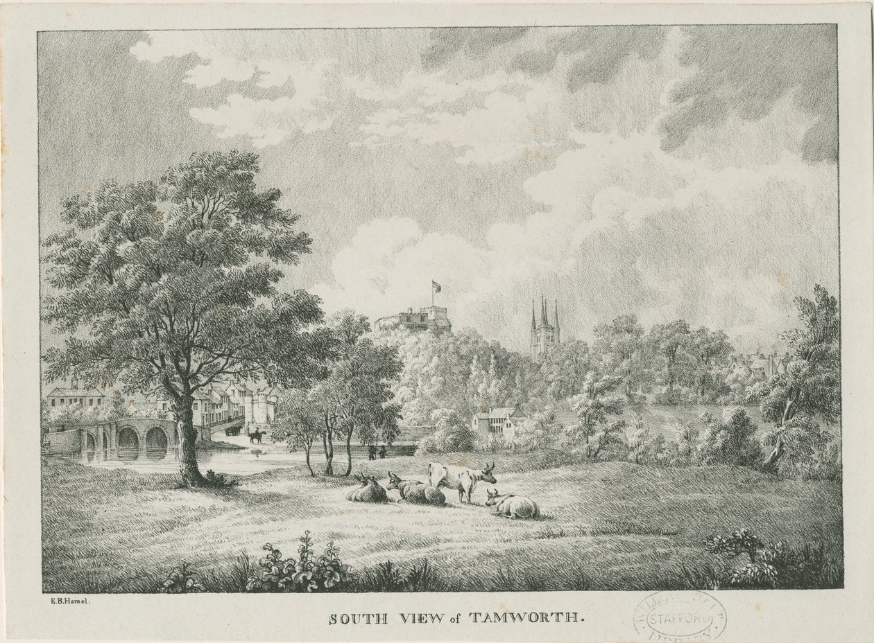 Tamworth - Avlägsen utsikt från söder: litografi, nd [1796-1865] av Etienne Bruno Hamel