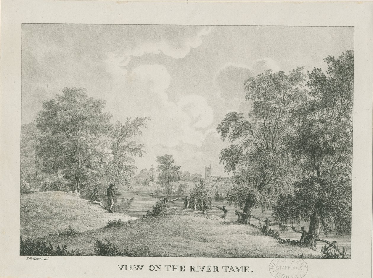 Tamworth - The River Tame: litografi, nd [1796-1865] av Etienne Bruno Hamel