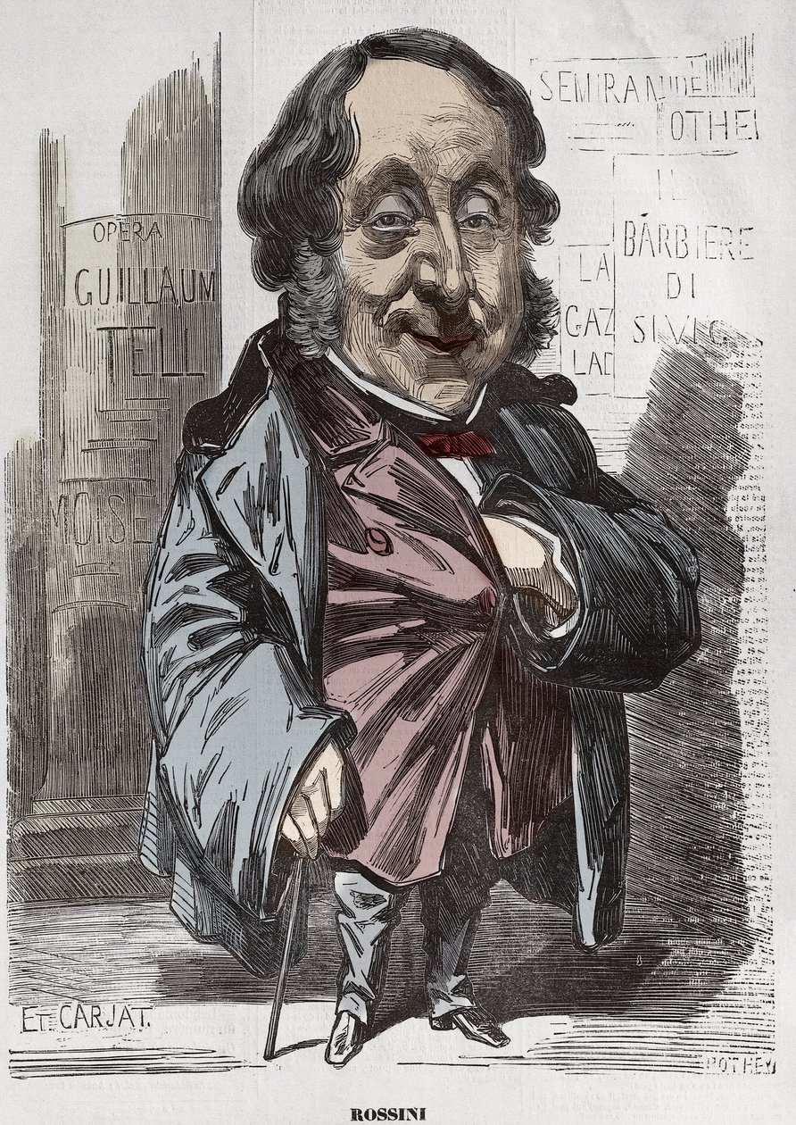 Porträtt av Gioachino (Gioacchino) Rossini (1792-1868), karikatyr av Etienne Carjat - Etienne Carjat (1928-1906), porträttladdning av Rossini för Diogene, efter Nadar, 21 december 1856 digital färgläggning av Etienne Carjat