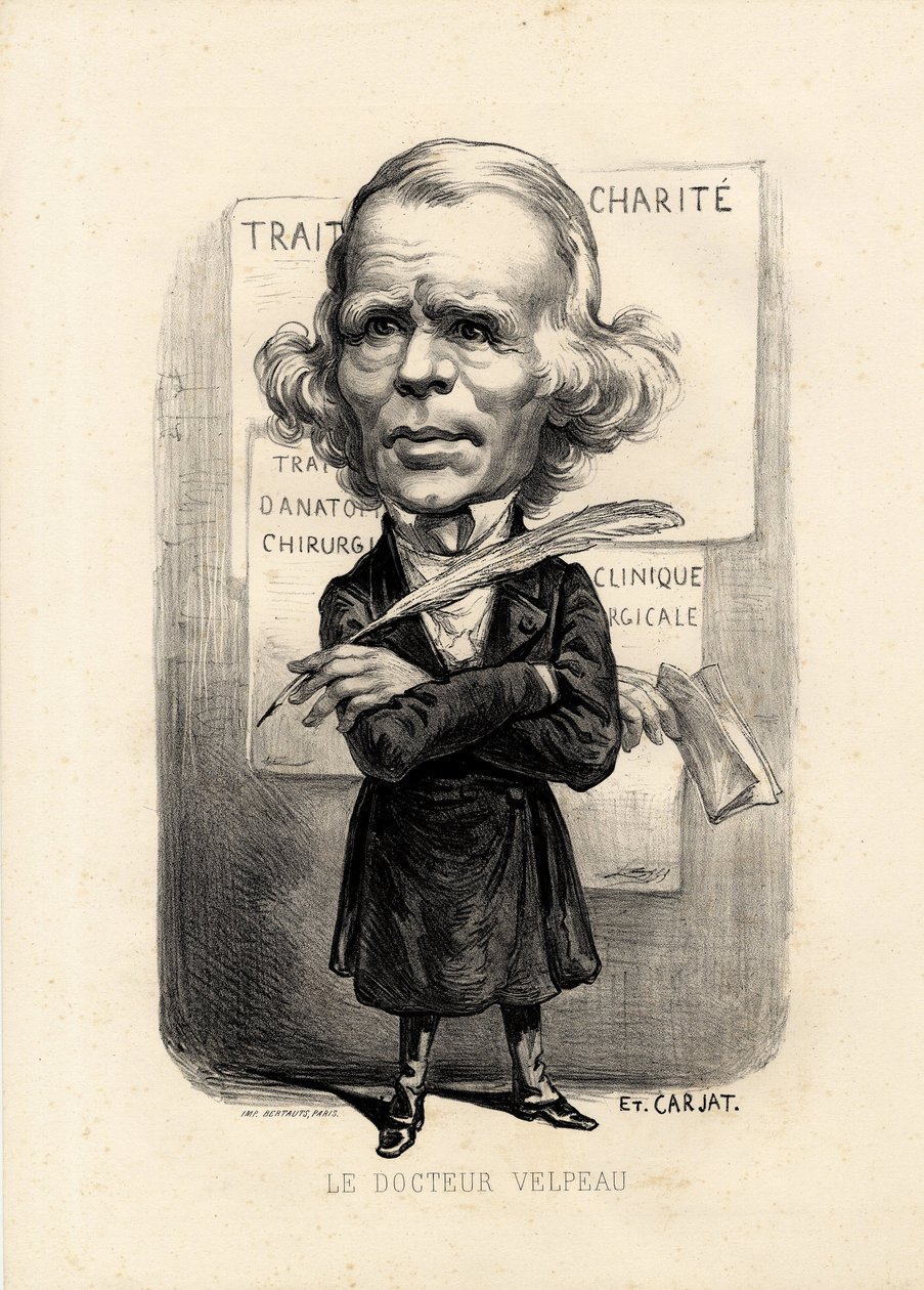feuille volante - Illustration av Etienne Carjat (1826-1906): Medicin, medicin, sante, Charite, Anatomy, Posters Display - Surgeon, Velpeau Alfred (1795-1867) av Etienne Carjat