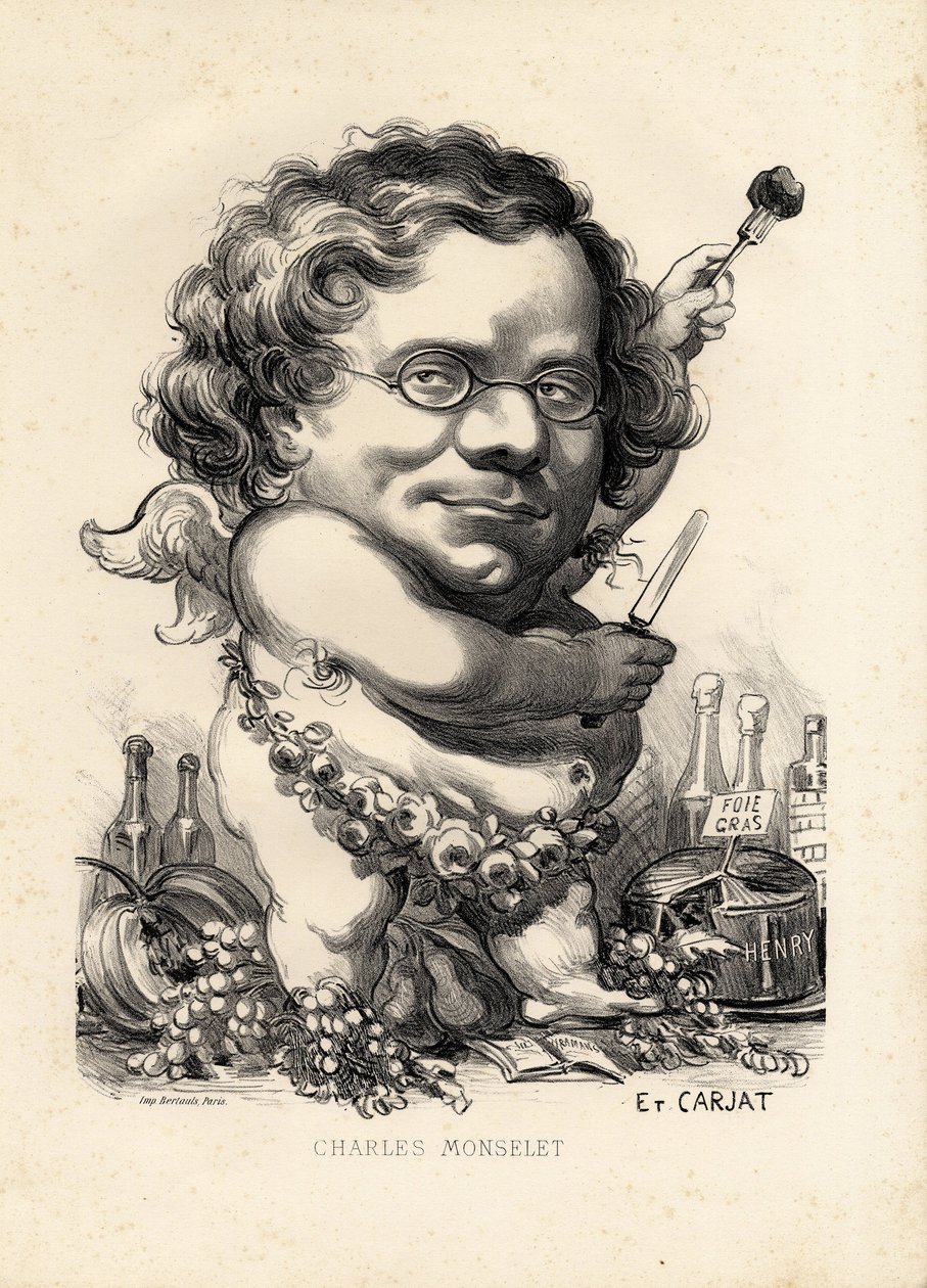 flygande löv - Illustration av Etienne Carjat (1826-1906): Obeite, Foie gras - Monselet Charles (1825-1888) av Etienne Carjat