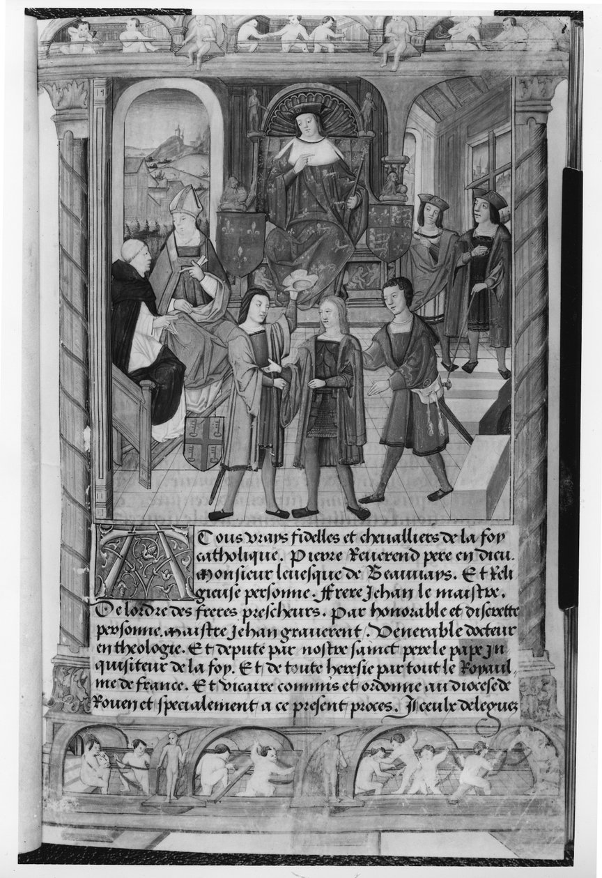 Henrik VI (1421-71) och Pierre Cauchon (1371-1442) biskop av Beauvais och Lisieux, från Diane de Poitiers manuskript (bw foto) av Etienne Collant