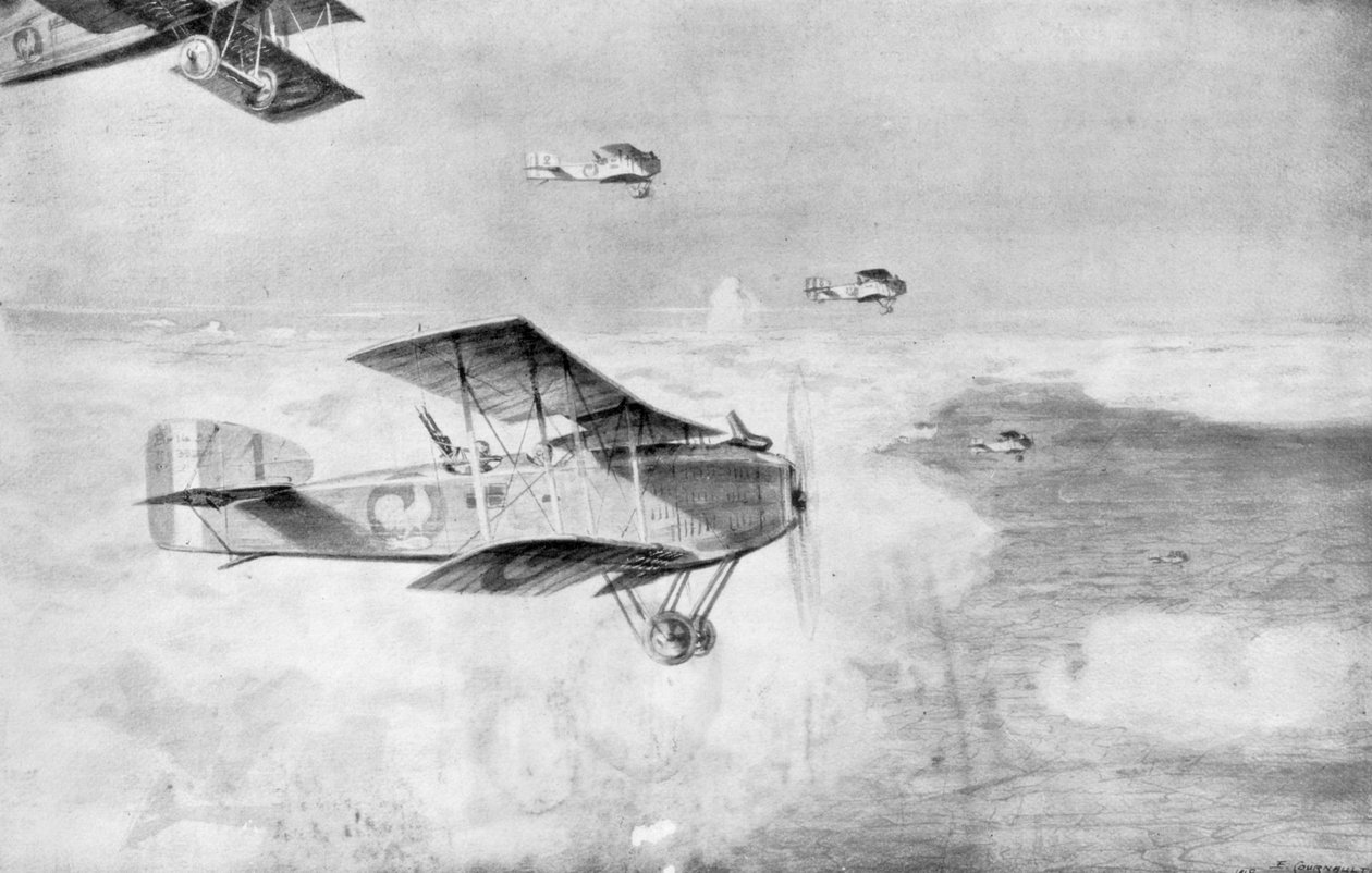 En fransk skvadron av bombplan över ett hav av moln, 1918, 1926. av Etienne Cournault