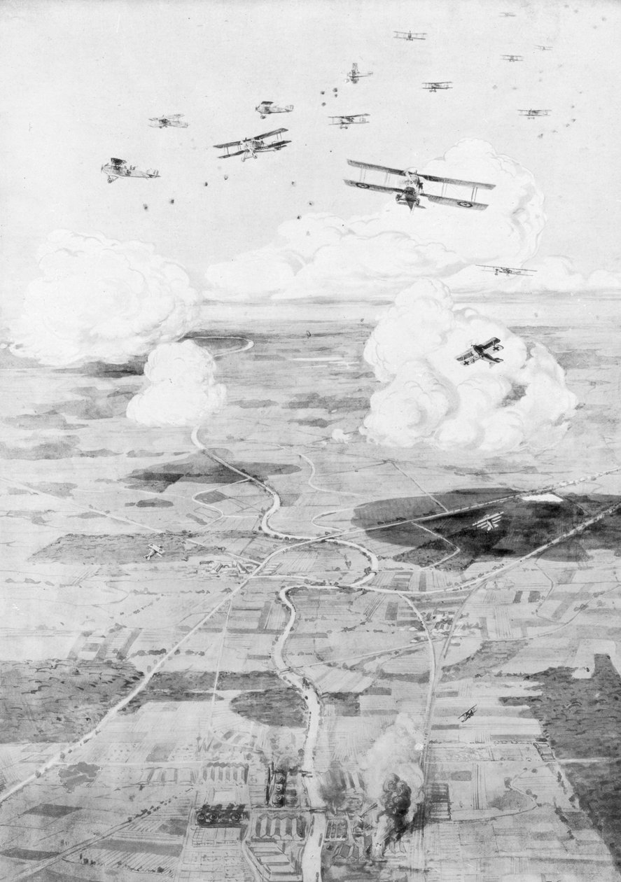 Fransk skvadron på målet, fabriker vid kanten av en flod, 1918, 1926. av Etienne Cournault