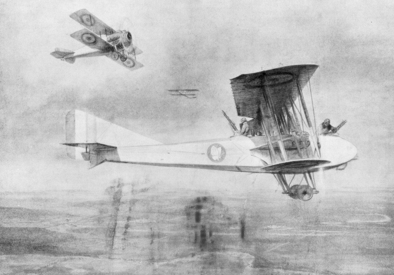 Tresittande flygplan på ett fotografiskt uppdrag, skyddat av ett stridsflygplan från Spad, 1918 1926. av Etienne Cournault