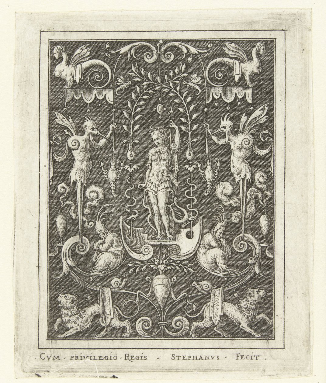 Apollo Ytdekorationer med gudafigurer i en ram av grotesker (senare version) (serietitel) av Etienne Delaune