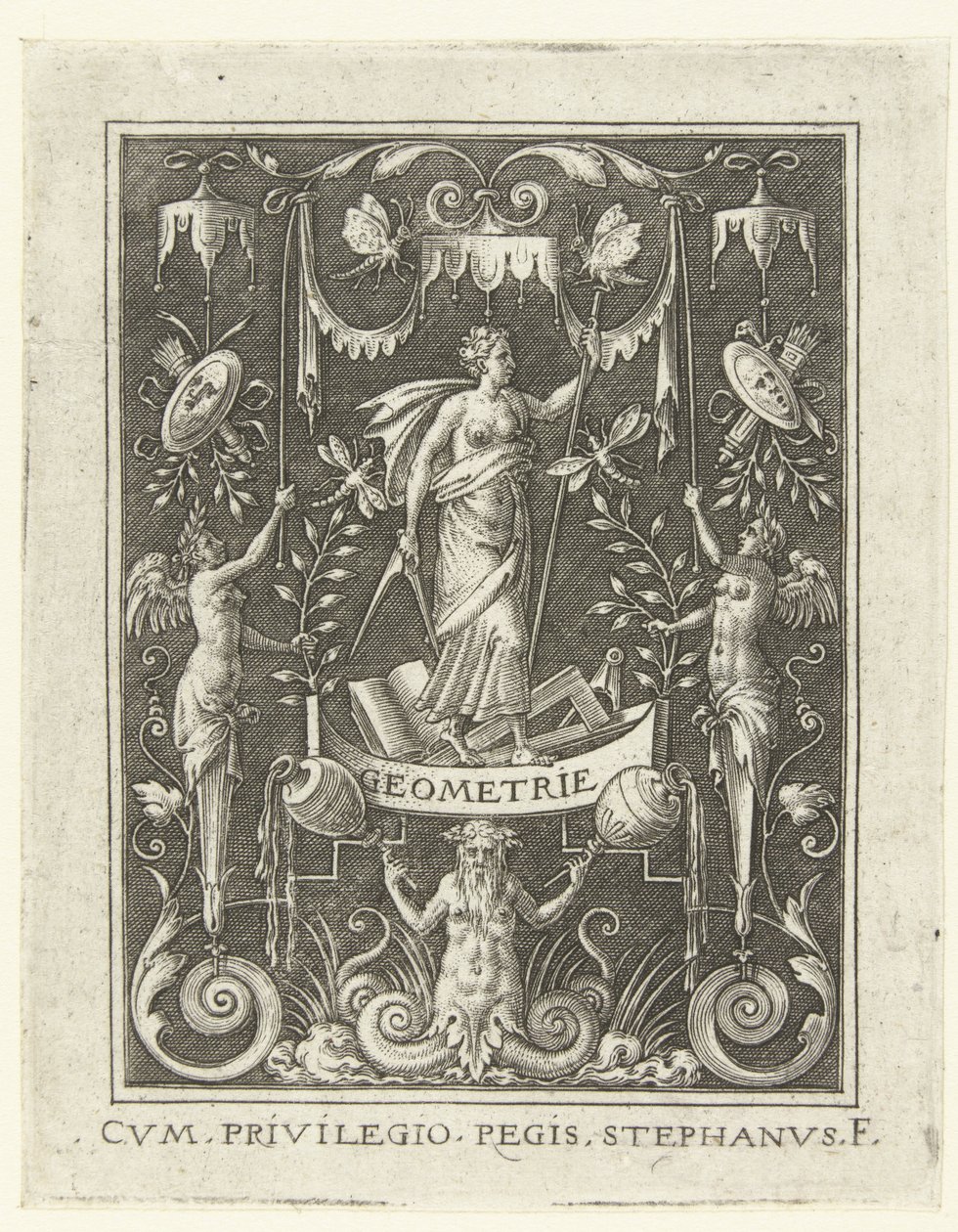 Geometri GEOMETRY (titel på objekt) Fyra liberala konster, perspektivet och arkitekturen, representerade av kvinnor (senare version) (serietitel) av Etienne Delaune