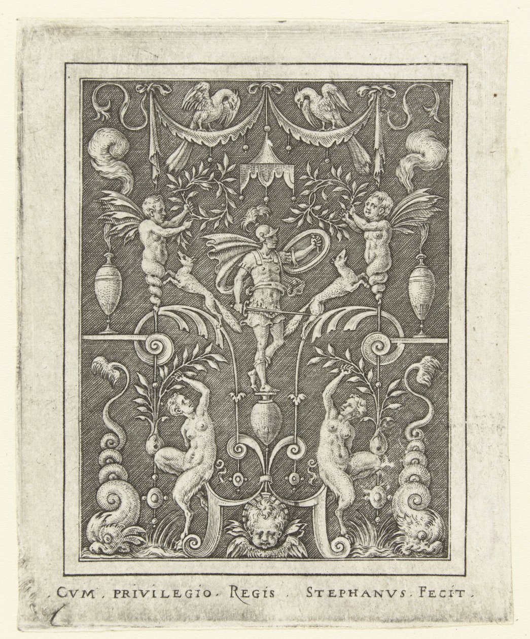 Mars Ytdekorationer med gudafigurer i en ram av grotesker (senare version) (serietitel) av Etienne Delaune