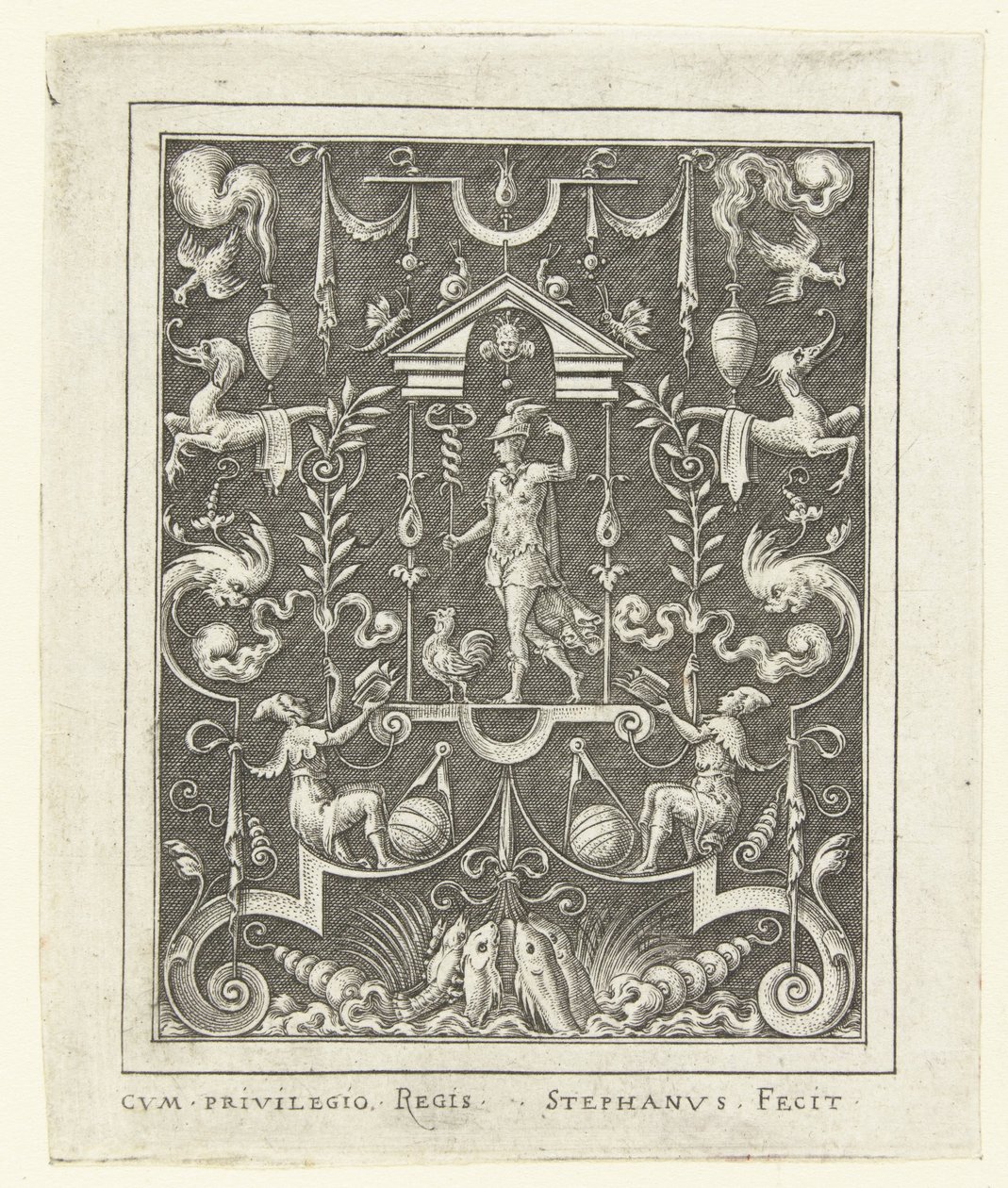 Merkurius Ytdekorationer med gudafigurer i en ram av grotesker (senare version) (serietitel) av Etienne Delaune