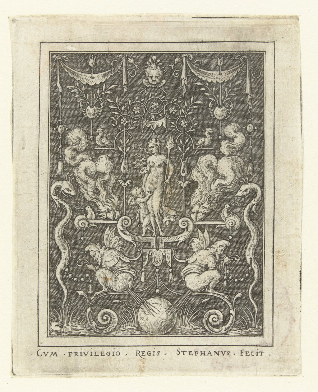 Venus med Amor mellan fyra brinnande hjärtan Ytdekorationer med gudafigurer i en ram av grotesker (senare version) (serietitel) av Etienne Delaune