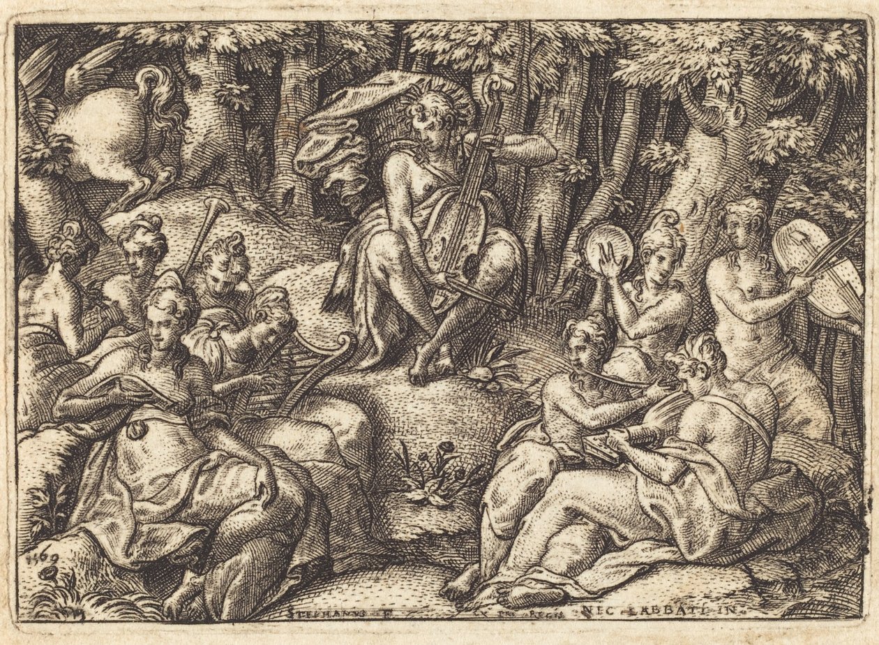 Apollon på berget Parnassus av Etienne Delaune after Niccolò dell