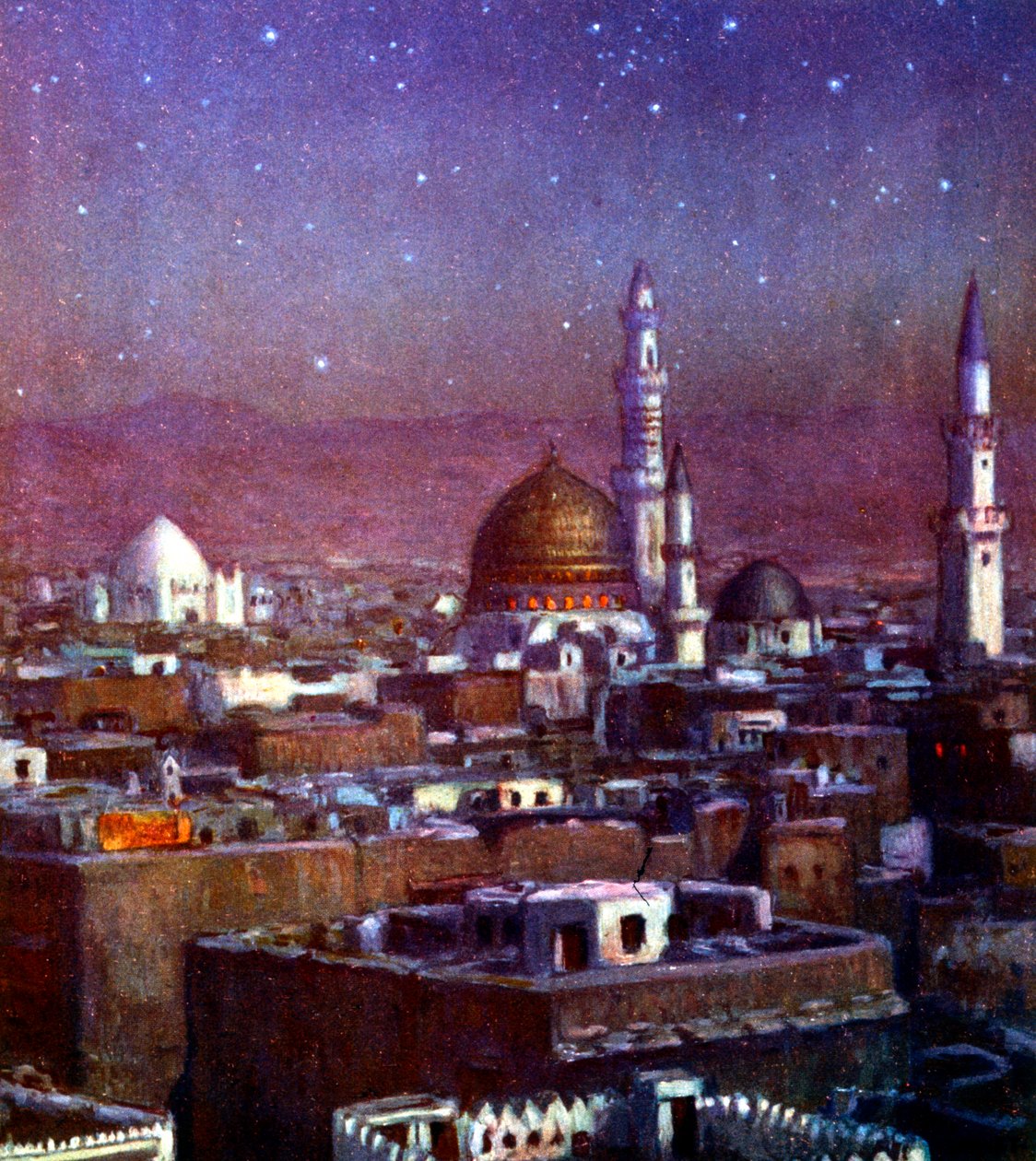 Utsikt över Medina, Arabien, i månsken, som visar kupolen på Profetens grav, 1918 av Alphonse Etienne Dinet