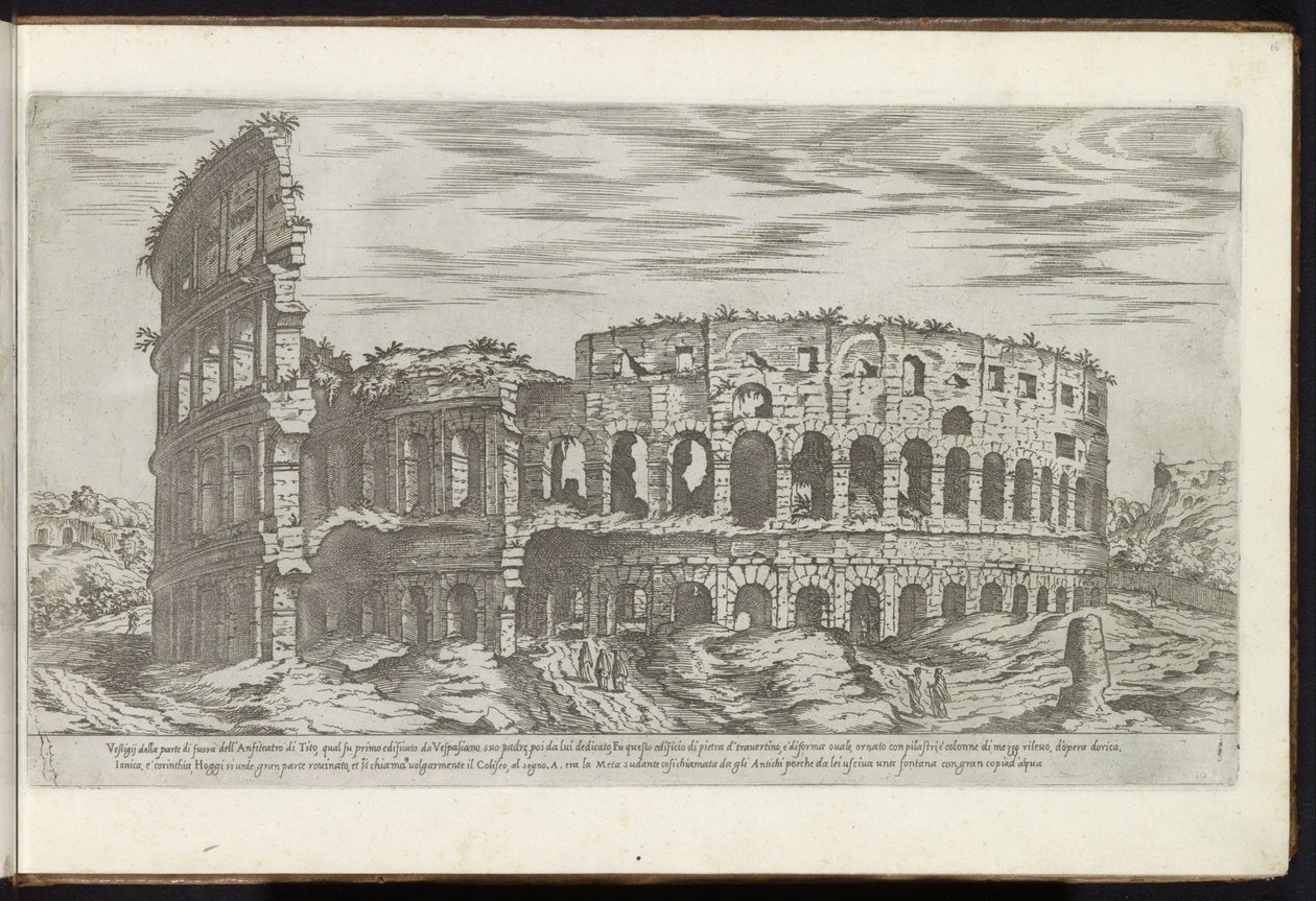 Colosseum te Rom Bouwwerken uit de oudheid (serietitel) Resterna från Roms antiken samlade och porträtt i perspektiv av Stefano Du Perac Parisino (serietitel på objekt) av Etienne Duperac