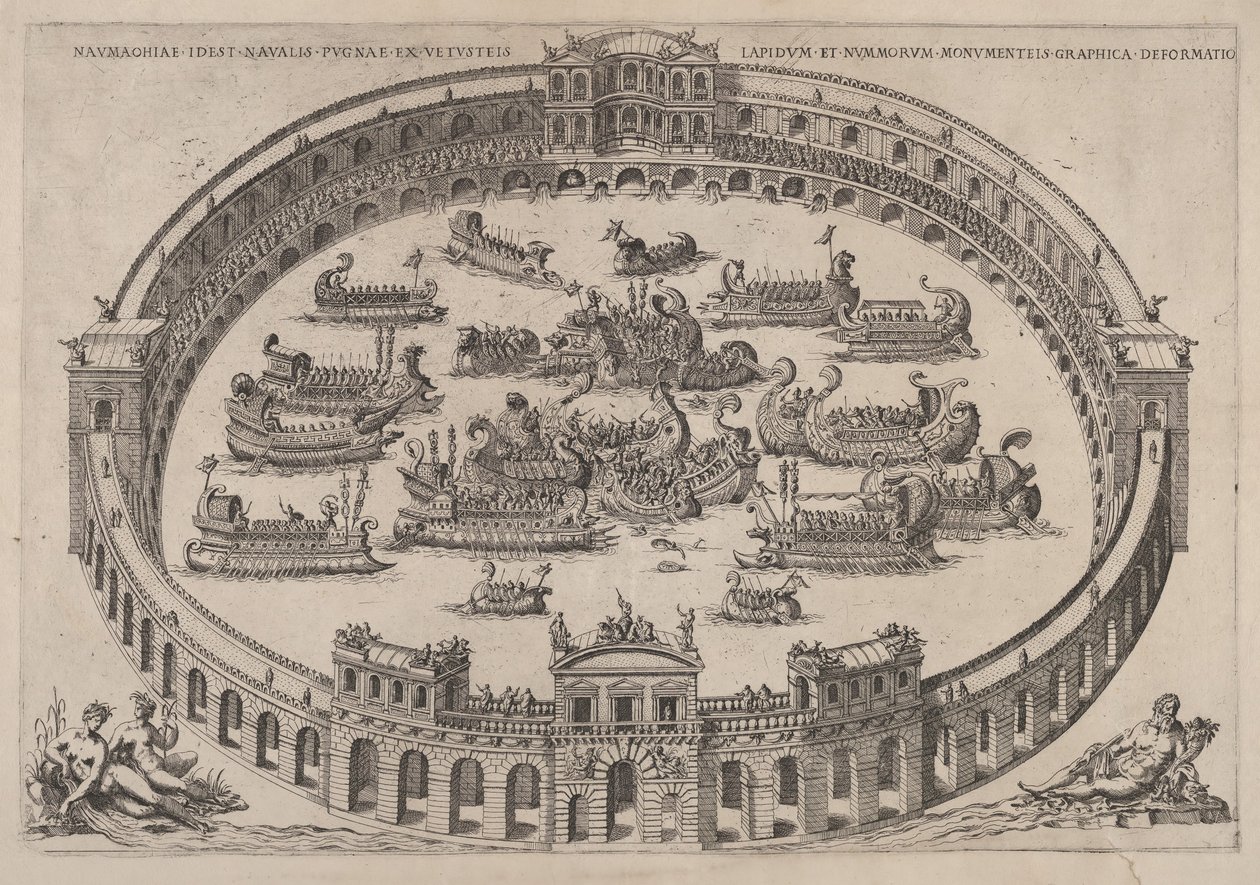 Sjöinsatsen utspelar sig i en romersk arena, med floden Tibern och nymfer längst ner till vänster..., 1577-85. av Etienne Duperac