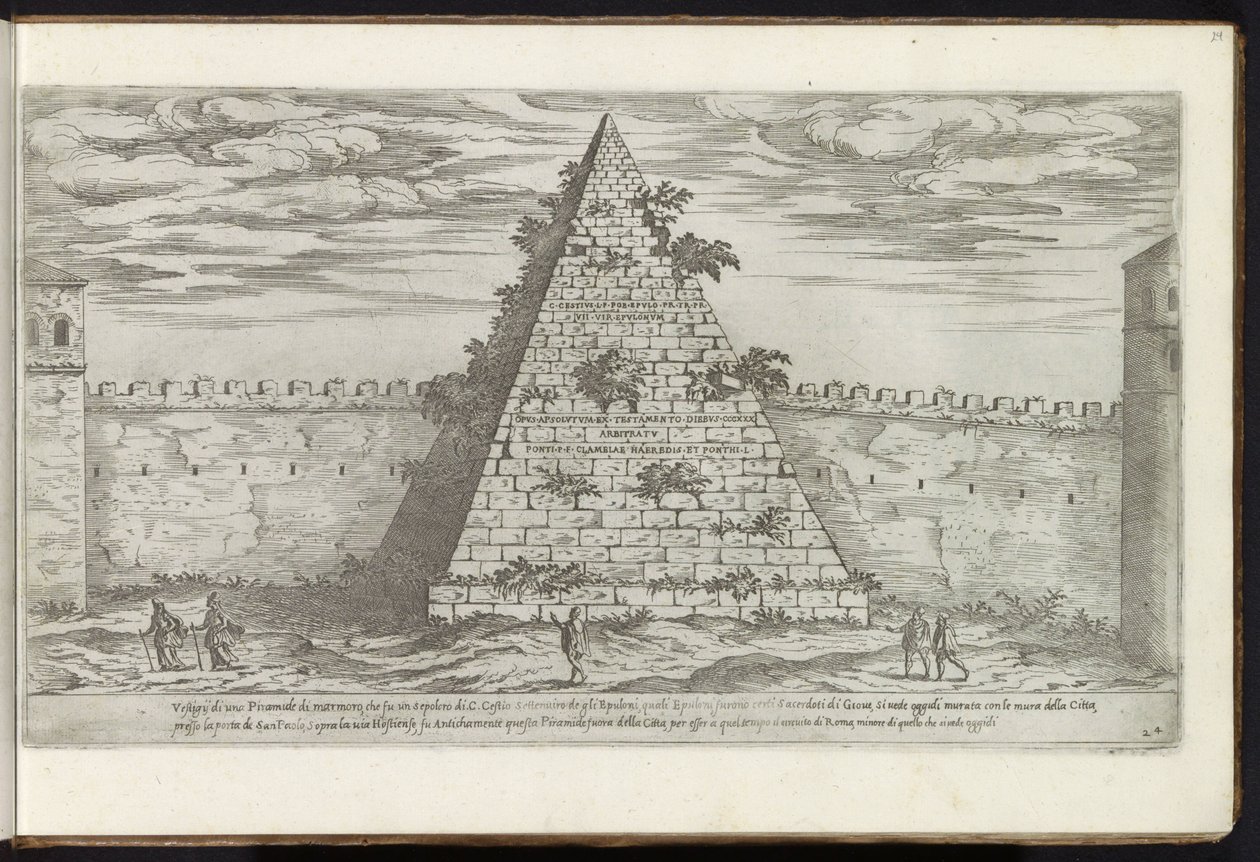Pyramid av Cestius i Rom Bouwwerken uit de oudheid (serietitel) Resterna av det antika Rom samlade och fotograferade i perspektiv av Stefano Du Perac Parisino (serietitel på objekt) av Etienne Duperac