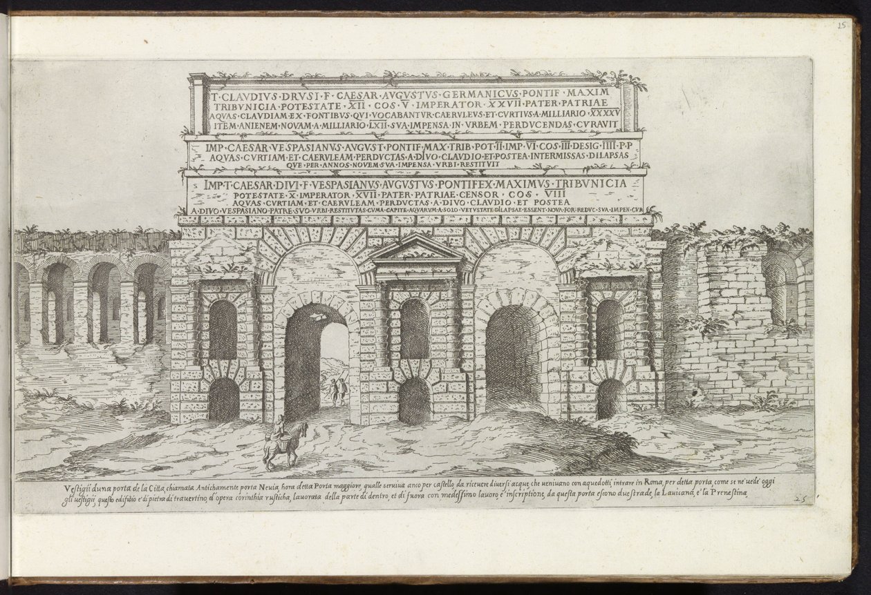 Porta Maggiore i Rom Bouwwerken uit de oudheid (serietitel) Resterna från Roms antiken samlade och porträtt i perspektiv av Stefano Du Perac Parisino (serietitel på objekt) av Etienne Duperac