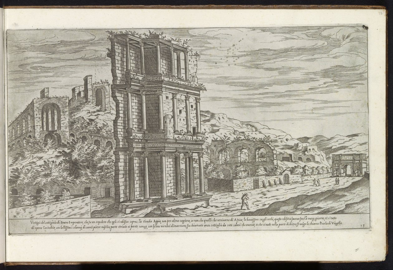 Septizonium i Rom Bouwwerken uit de oudheid (serietitel) Resterna av det antika Rom samlade och fotograferade i perspektiv av Stefano Du Perac Parisino (serietitel på objekt) av Etienne Duperac