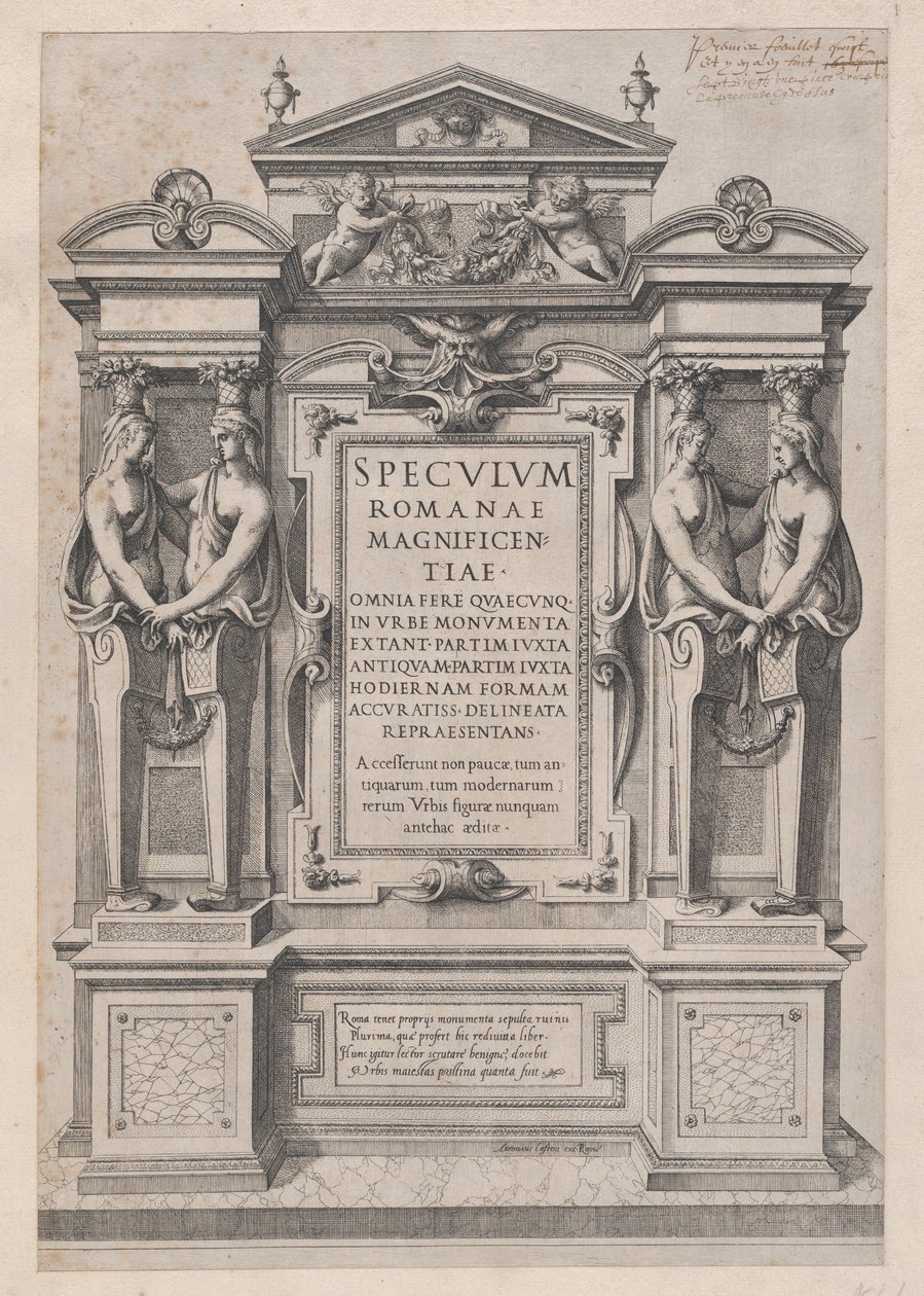 Mirror of Roman Magnificence: Titelsida graverad inom arkitektonisk och skulptur..., 1573-77. av Etienne Duperac
