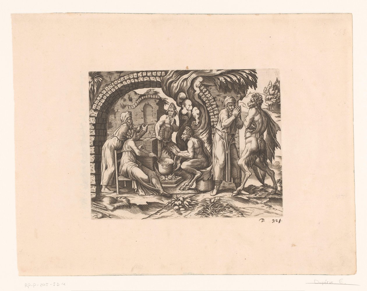 Fabel om satyren och bonden som blåser i sin soppa och i händerna av Etienne Dupérac (attributed to)