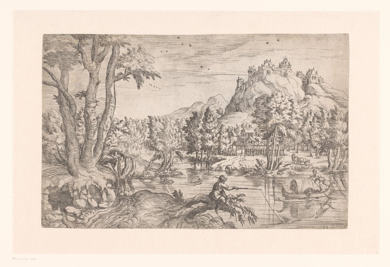 Landskap med fiskare och slott på bergstoppen av Etienne Dupérac (attributed to)