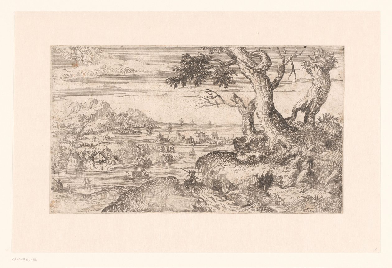 Landskap med en kvinnlig satyr som matar ett satyrbarn av Etienne Dupérac (attributed to)